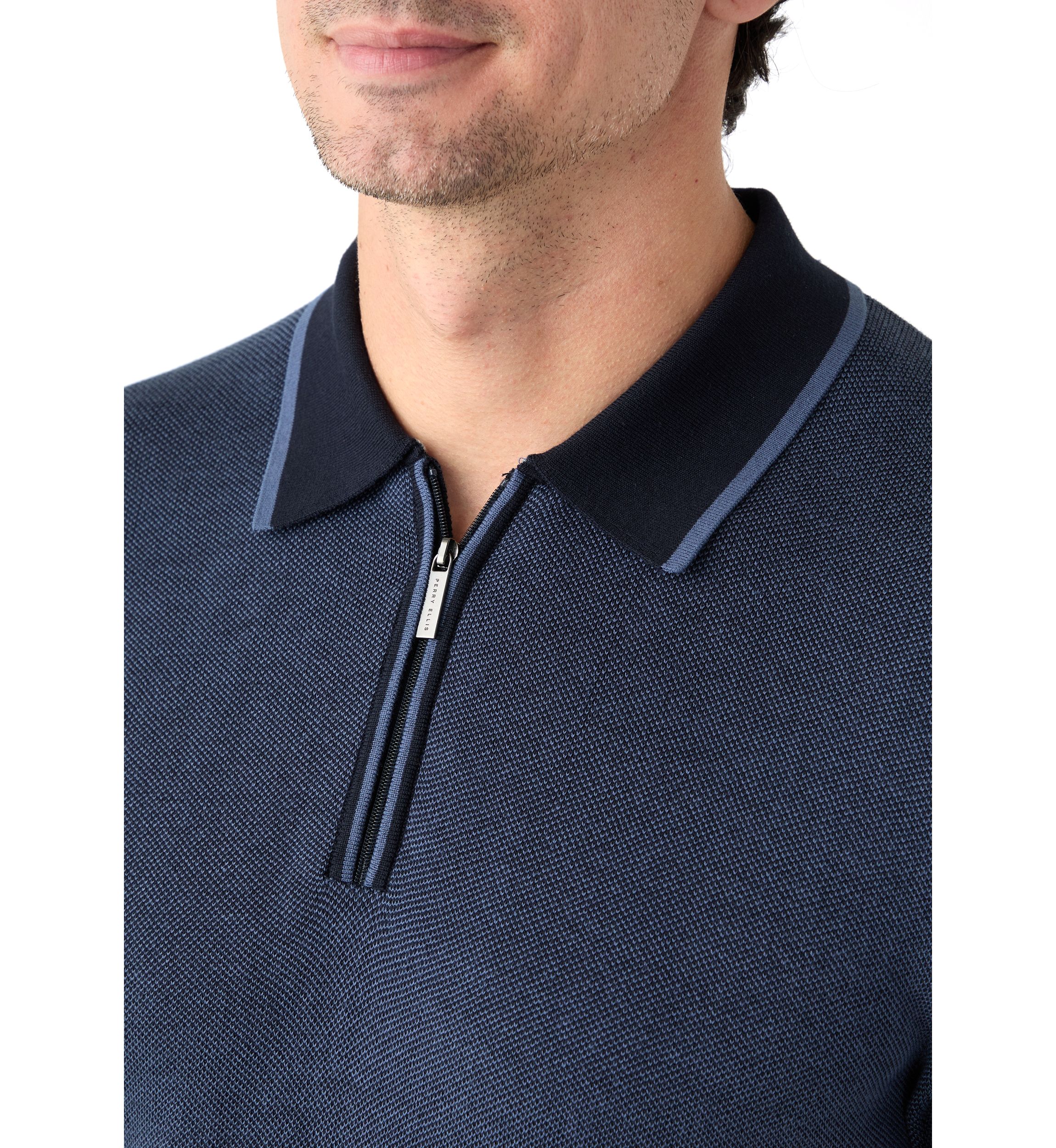 Mens Bi-Color Stitch Zip Polo Shirt 