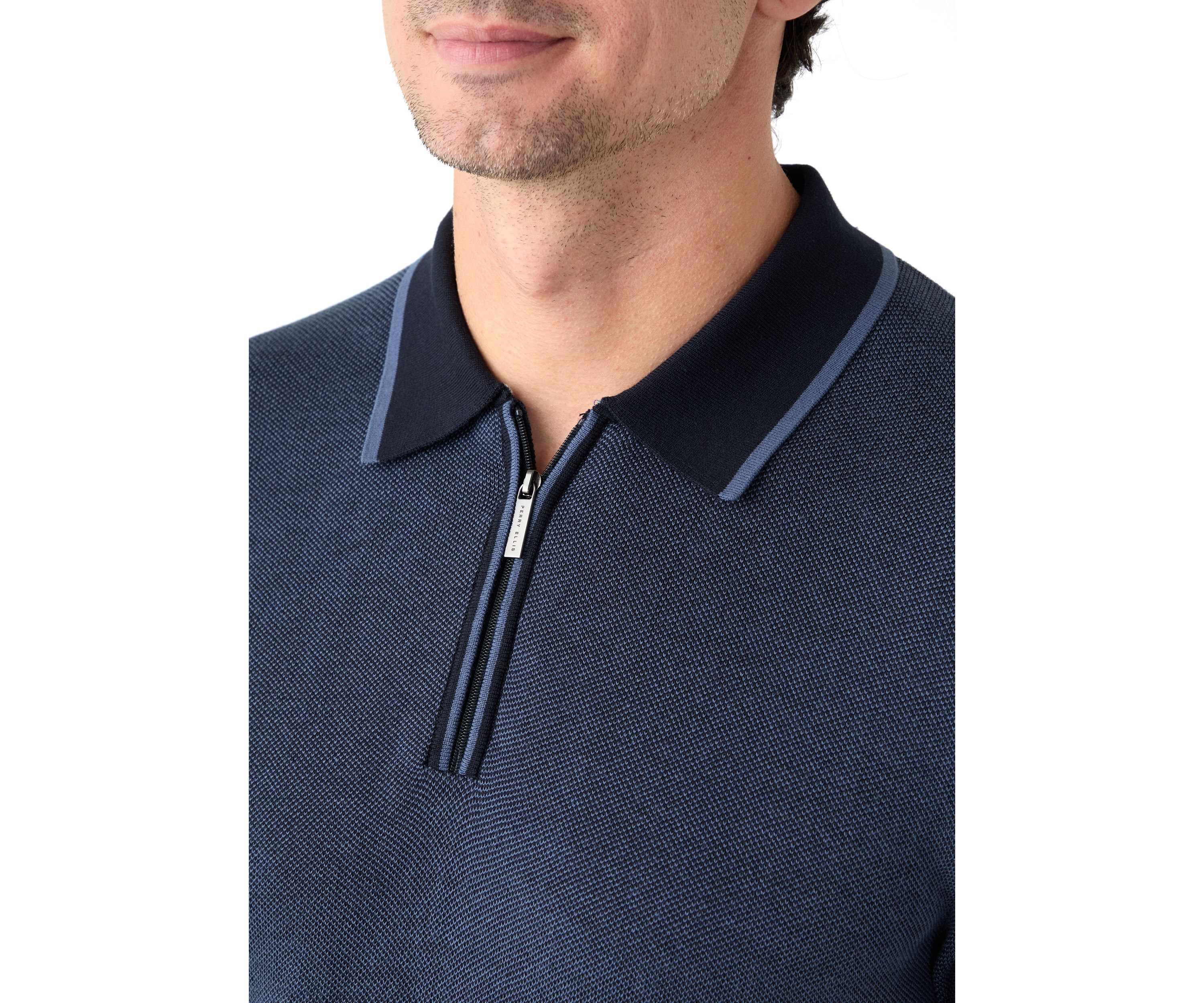 Mens Bi-Color Stitch Zip Polo Shirt 