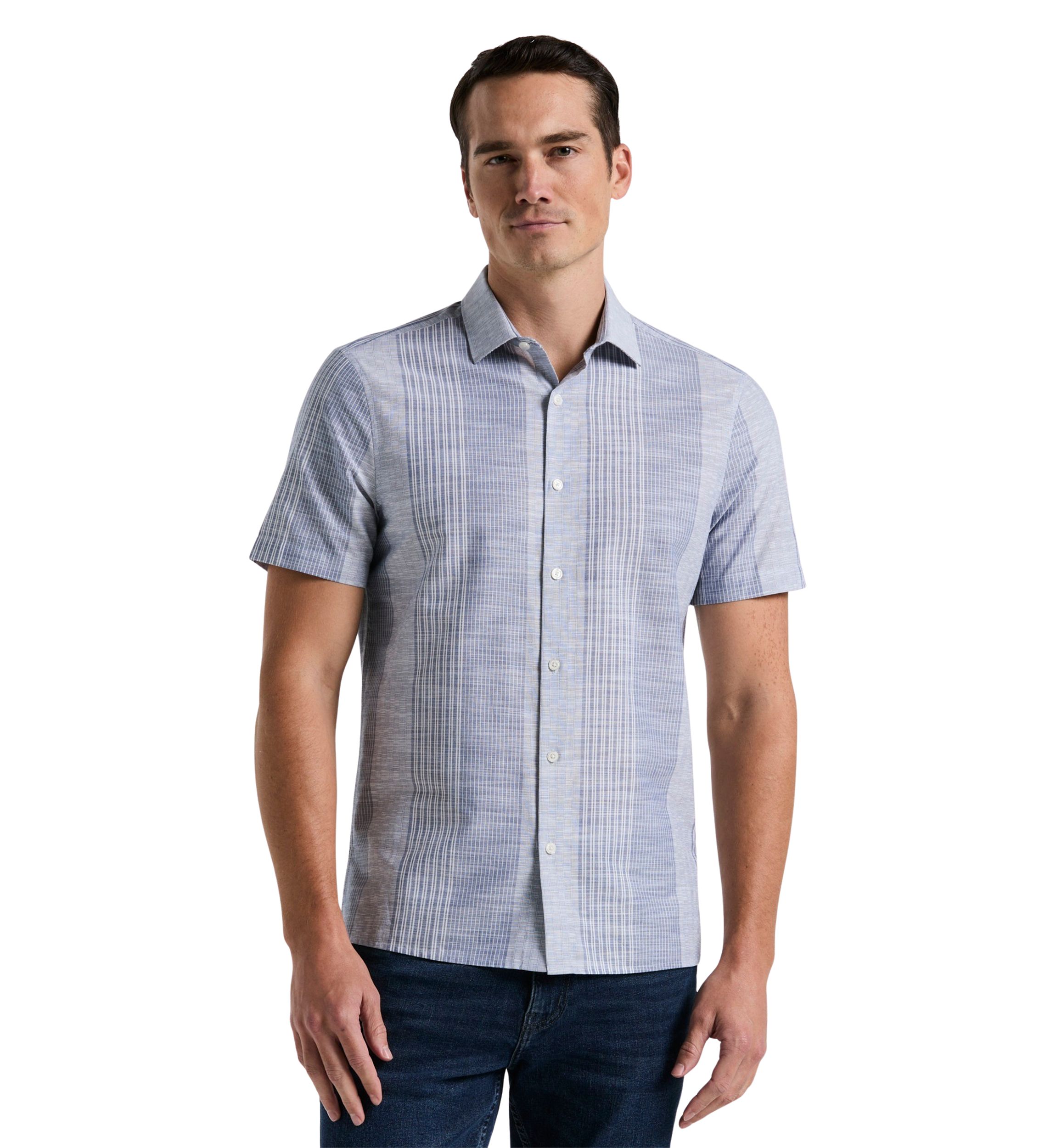 Striped Slub Crepe Textured Button Up Shirt 