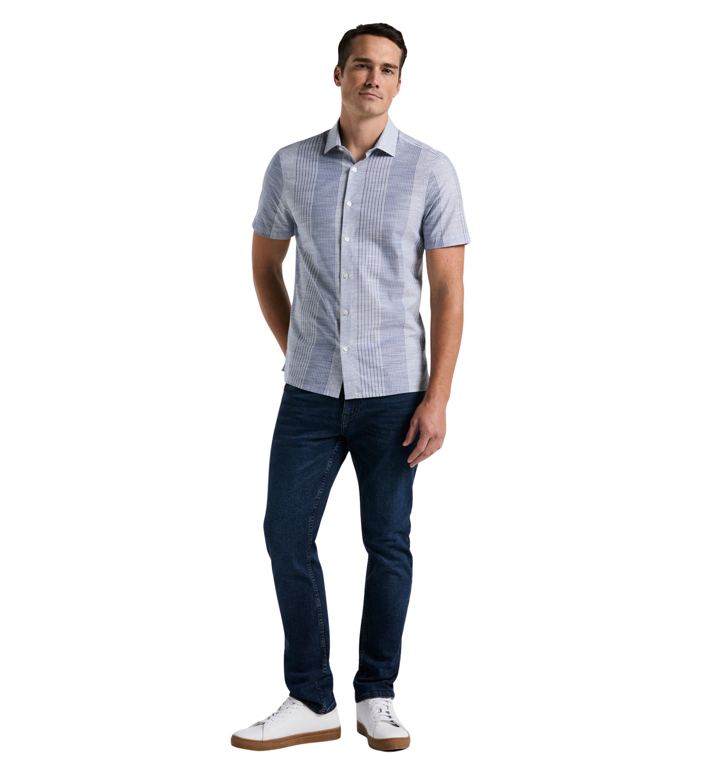 Striped Slub Crepe Textured Button Up Shirt 