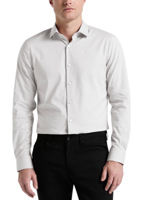 Perry Ellis Men's Big & Tall Long Sleeve Slim Dobby Cotton Blend Button Up Shirt, White, 4XL