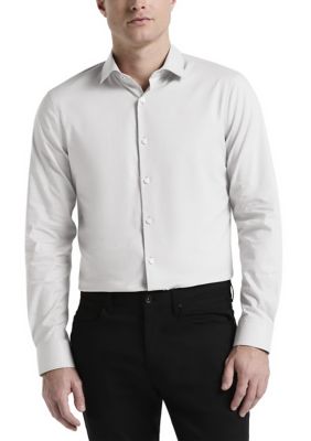 Perry Ellis Men's Big & Tall Long Sleeve Slim Dobby Cotton Blend Button Up Shirt, White, 3XL Tall