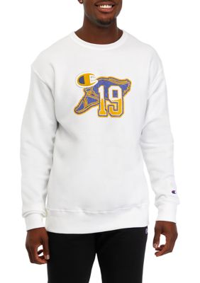 Champion Men's Graphic Varsity Crew Neck Pullover, White, X-Large