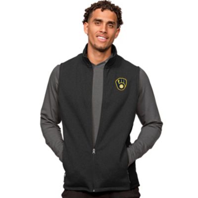 Antigua Men's MLB Heathered Milwaukee Brewers Course Full-Zip Vest, Black, Small -  0196982713349