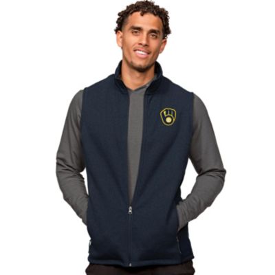 Antigua Men's MLB Heathered Milwaukee Brewers Course Full-Zip Vest, Navy Blue, Small -  0196982713066