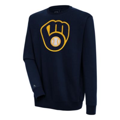 Antigua Men's MLB Milwaukee Brewers Victory Crewneck Chenille Pullover Sweatshirt, Navy Blue, XL