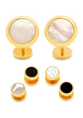 Ox and Bull Trading Co Men's Double Sided Gold Mother of Pearl Round Beveled Stud Set, White