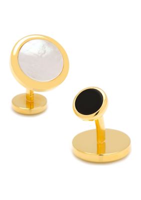 Ox and Bull Trading Co Men's Double Sided Gold Mother of Pearl Round Beveled Cufflinks, White