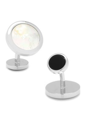 Ox and Bull Trading Co Men's Double Sided Mother of Pearl Round Beveled Cufflinks, White