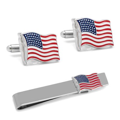 ALTR/EGO Men's American Waving Flag Cufflinks and Tie Bar Gift Set, Red