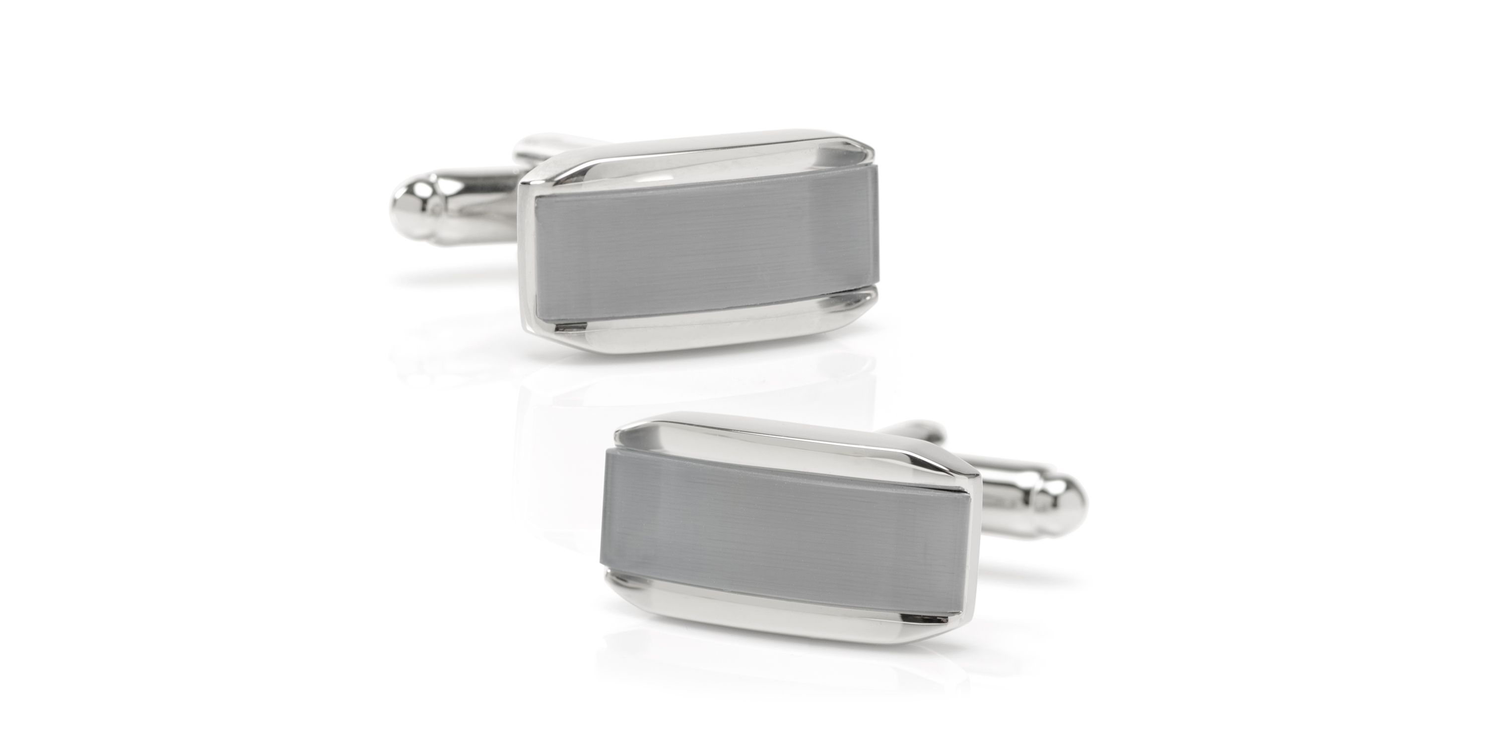 Silver Rectangular Cufflink with Gray Cats Eye