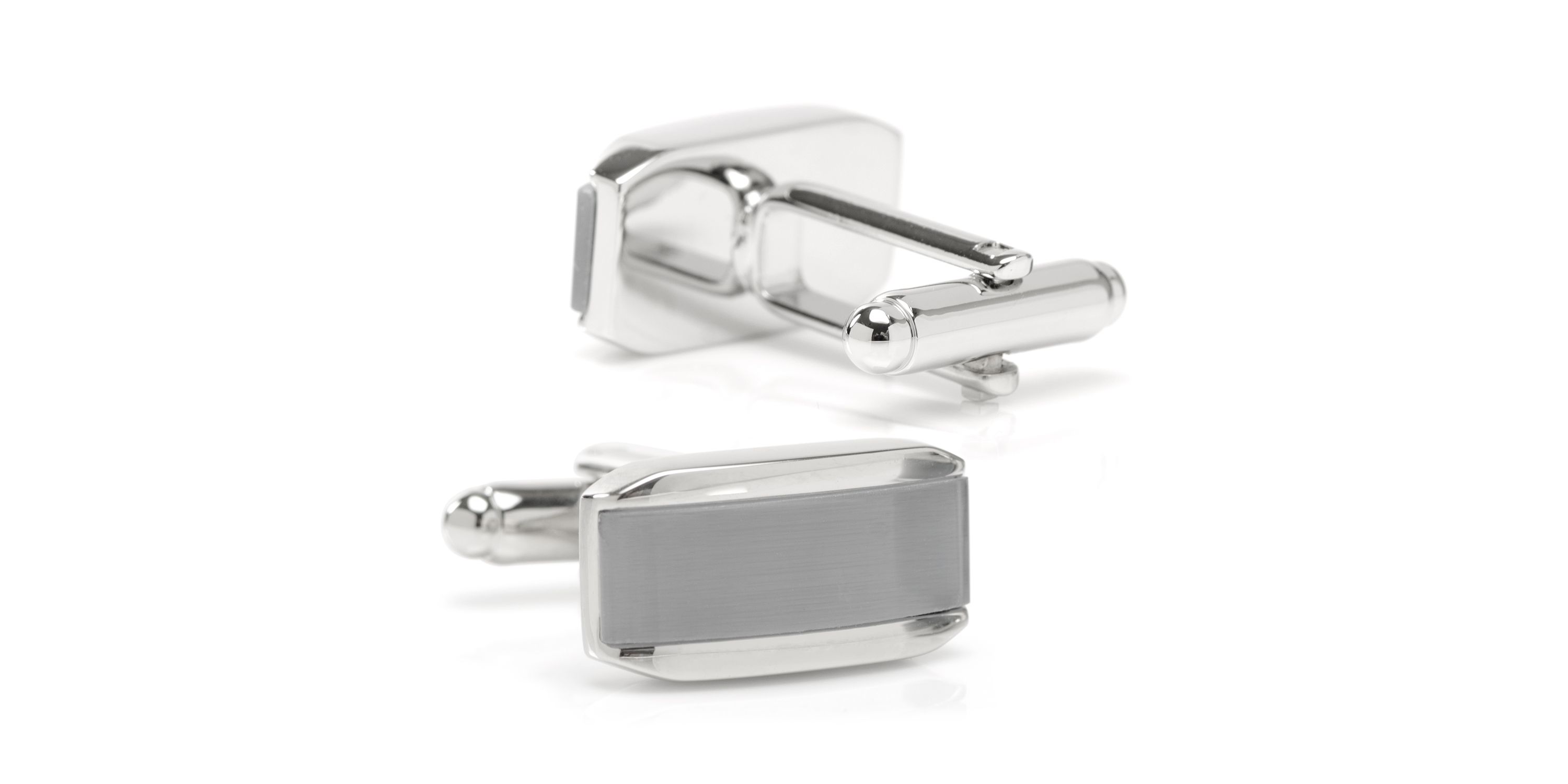Silver Rectangular Cufflink with Gray Cats Eye