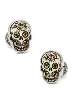Ox and Bull Trading Co Men's Day of the Dead Skull White Mother of Pearl Cufflinks, Silver