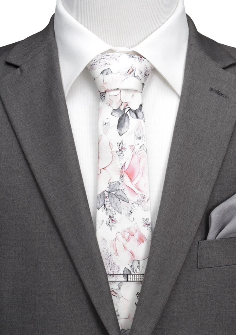 Mens Painted Floral Gray Silk Tie