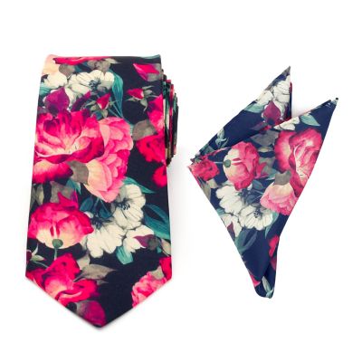 Ox and Bull Trading Co Men's Painted Floral Navy Necktie and Pocket Square Gift Set, Navy Blue
