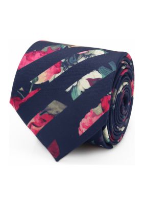 Ox and Bull Trading Co Men's Painted Floral Navy Stripe Silk Tie, Navy Blue