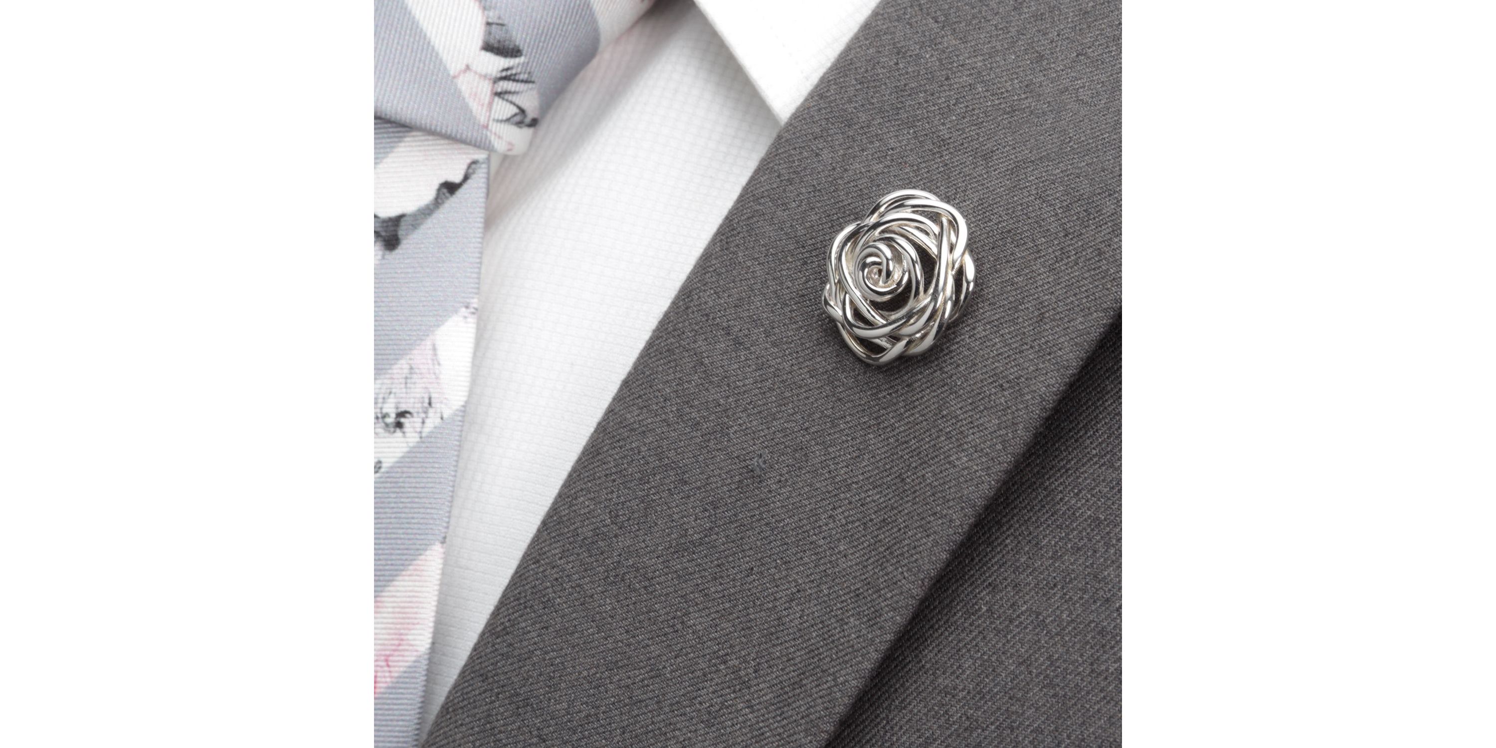 Sterling Silver Rhodium Plated Rose Lapel Pin