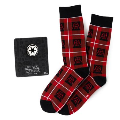Men's Star Wars Darth Vader Black and Red Plaid Dress Socks and Imperial Crest Lapel Pin Gift Set