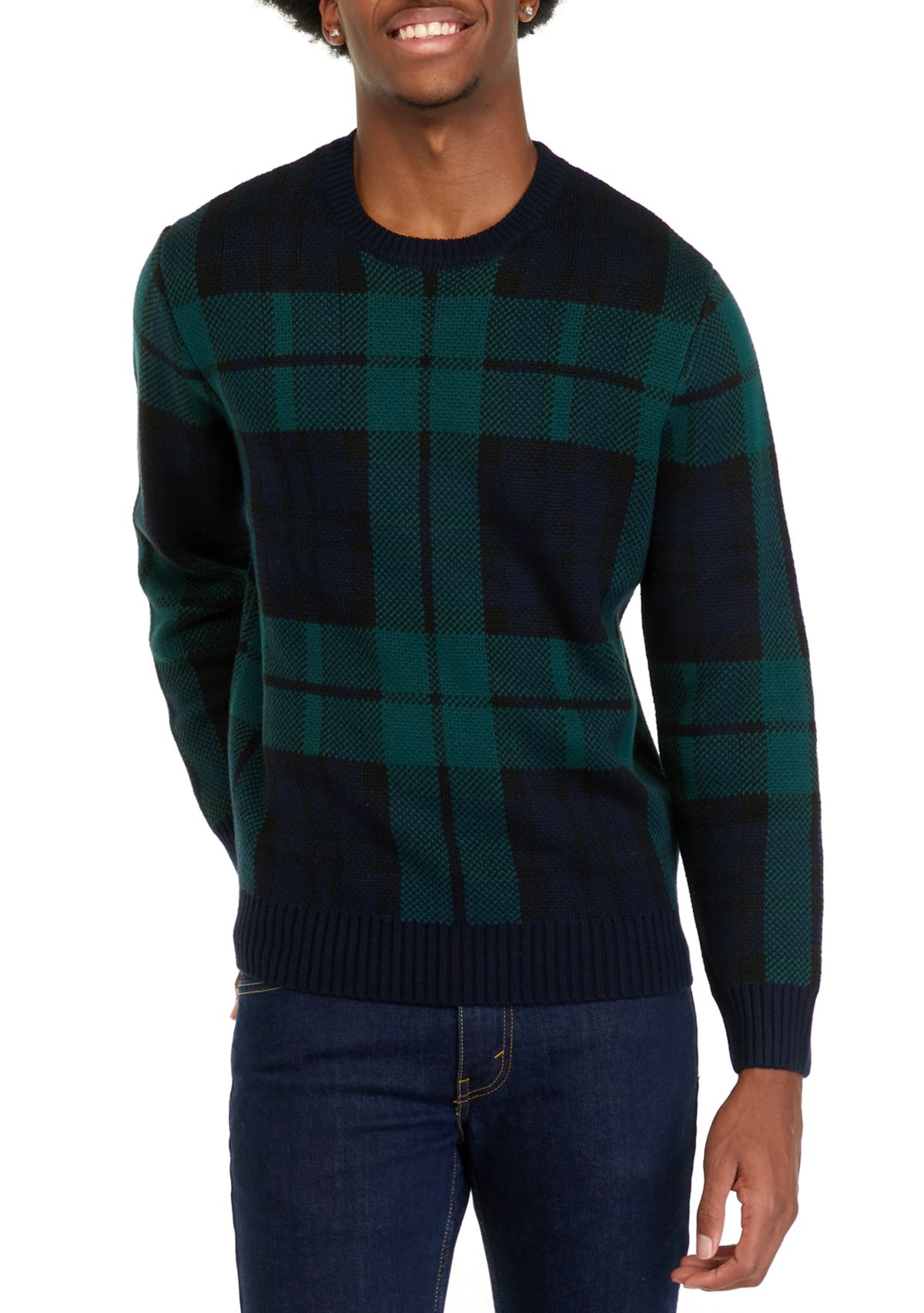 Mens Blackwatch Plaid Crew Neck Sweater