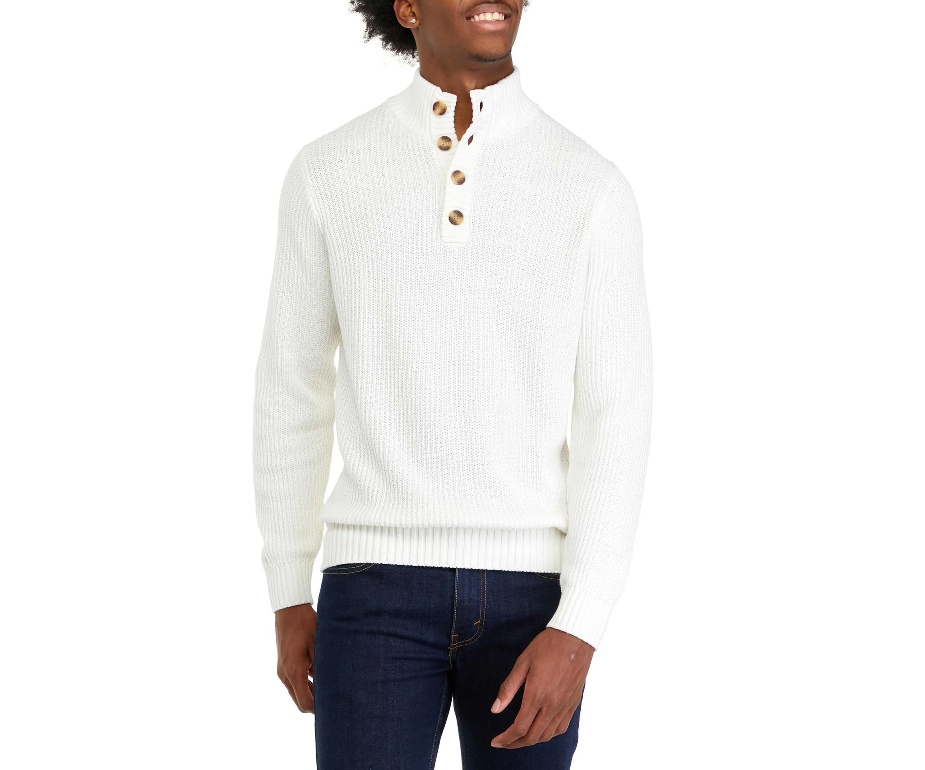 Mens Button Mock Neck Cotton Sweater