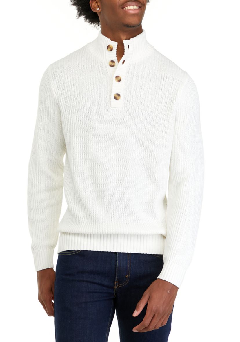 Mens Button Mock Neck Cotton Sweater