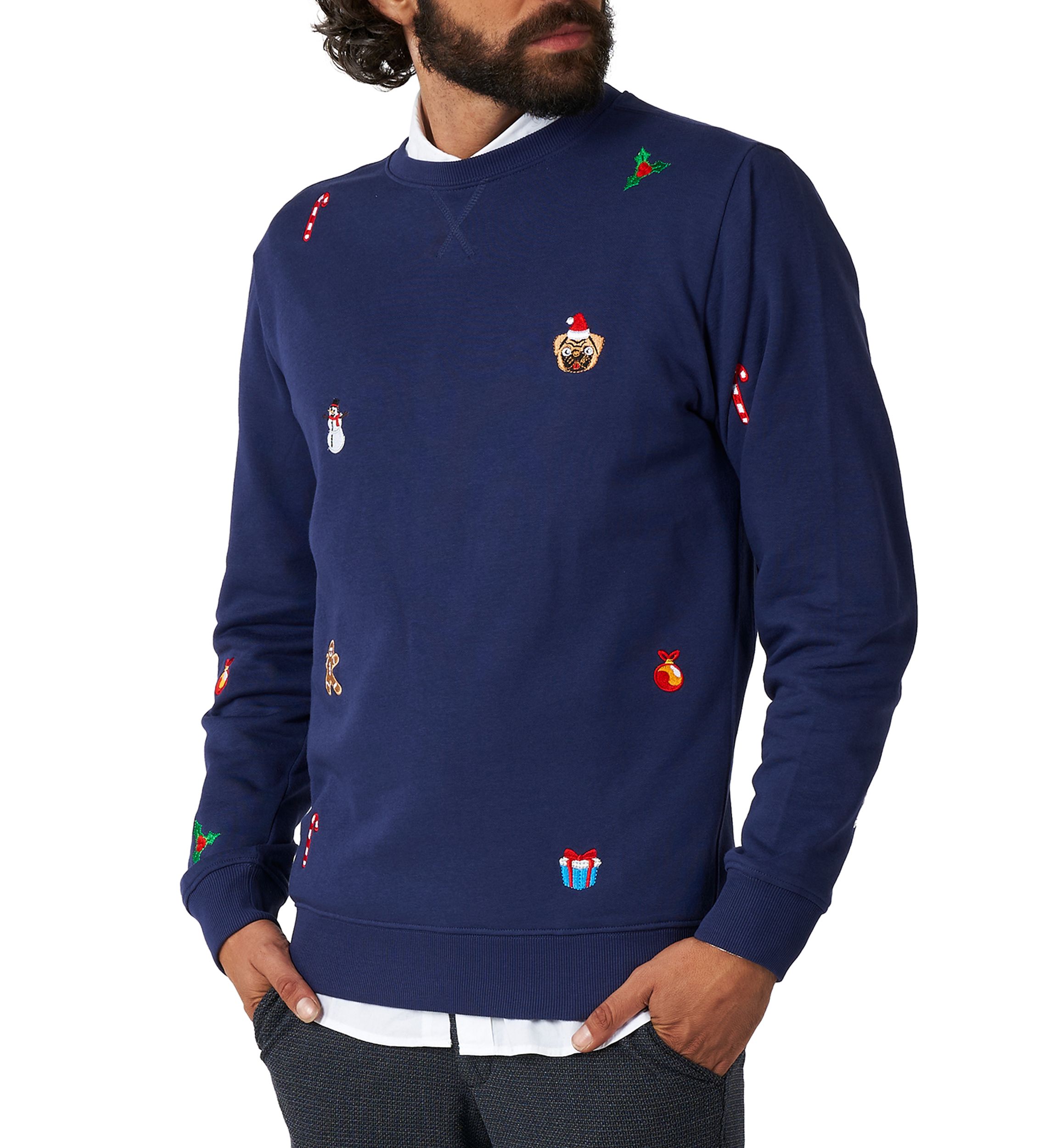 OppoSuits Deluxe Christmas Sweatshirt for Men - X- Mas Icons - Navy - With Stylish Christmas Icons - Long Sleeve - Crew Neck