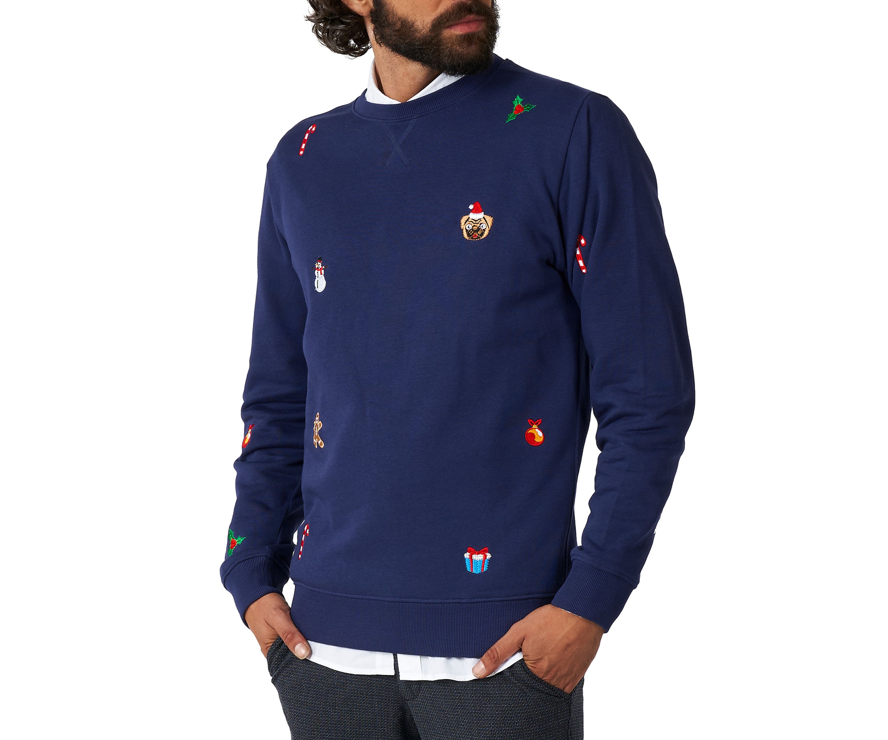 OppoSuits Deluxe Christmas Sweatshirt for Men - X- Mas Icons - Navy - With Stylish Christmas Icons - Long Sleeve - Crew Neck