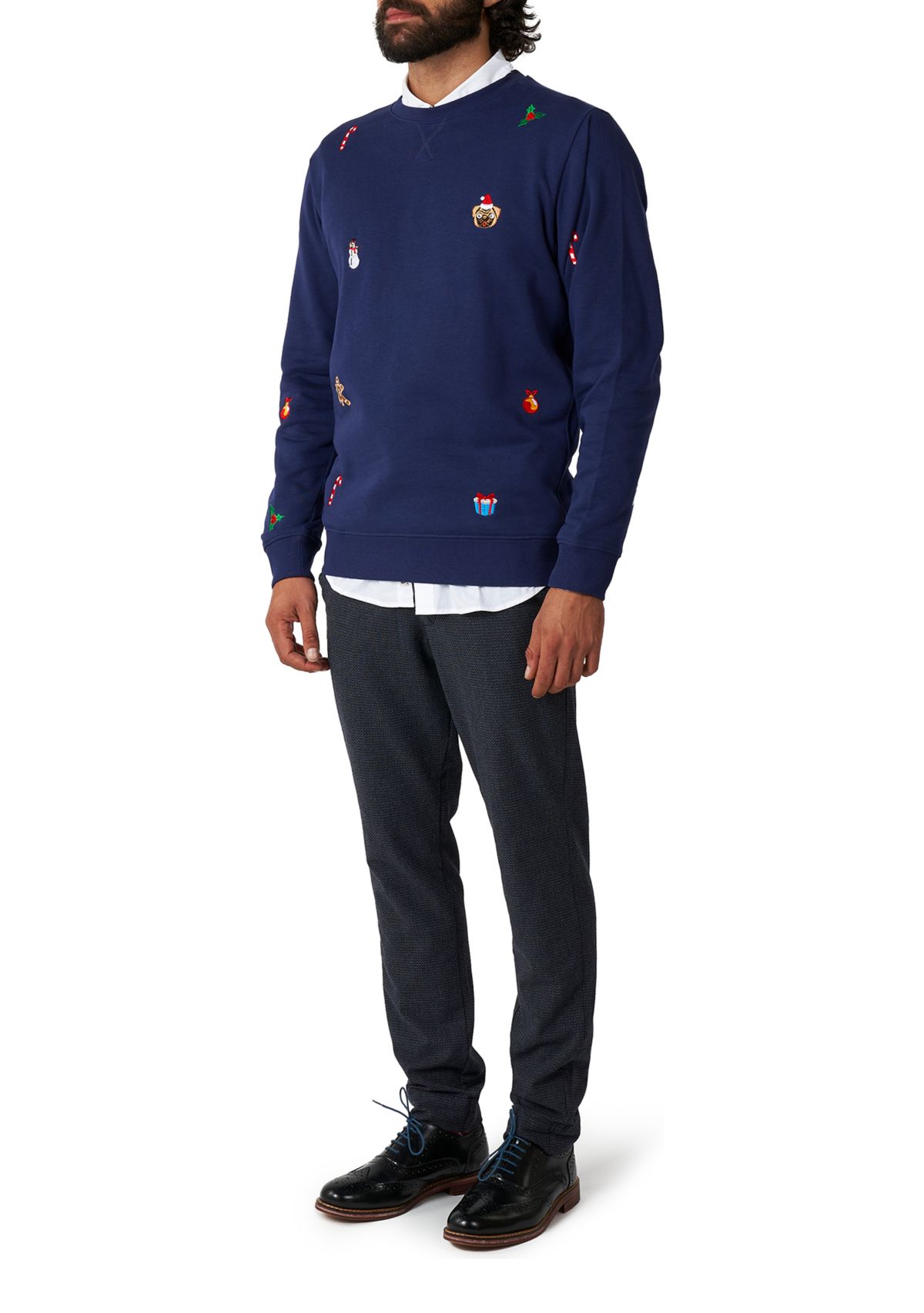 OppoSuits Deluxe Christmas Sweatshirt for Men - X- Mas Icons - Navy - With Stylish Christmas Icons - Long Sleeve - Crew Neck