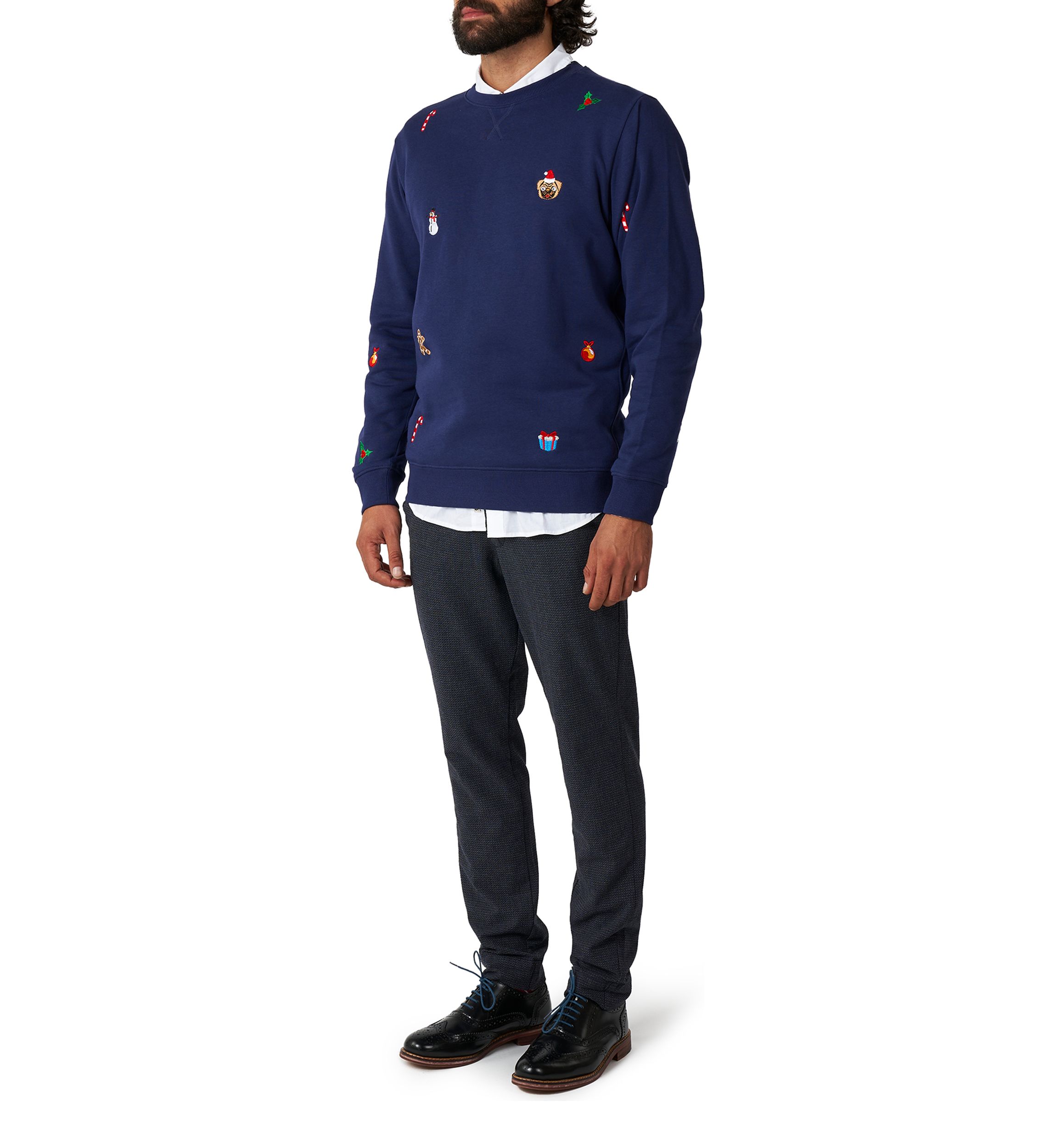 OppoSuits Deluxe Christmas Sweatshirt for Men - X- Mas Icons - Navy - With Stylish Christmas Icons - Long Sleeve - Crew Neck