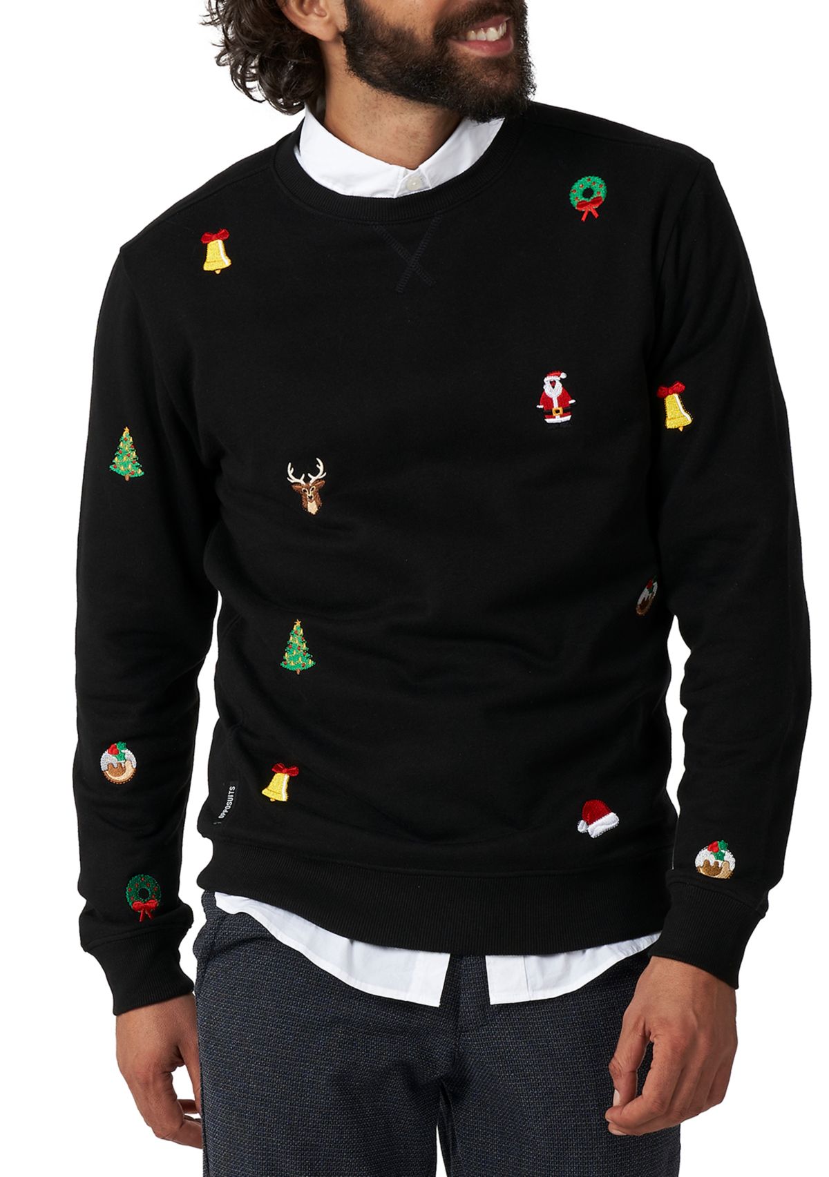 OppoSuits Deluxe Christmas Sweatshirt for Men - X- Mas Icons - Black - With Stylish Christmas Icons - Long Sleeve - Crew Neck