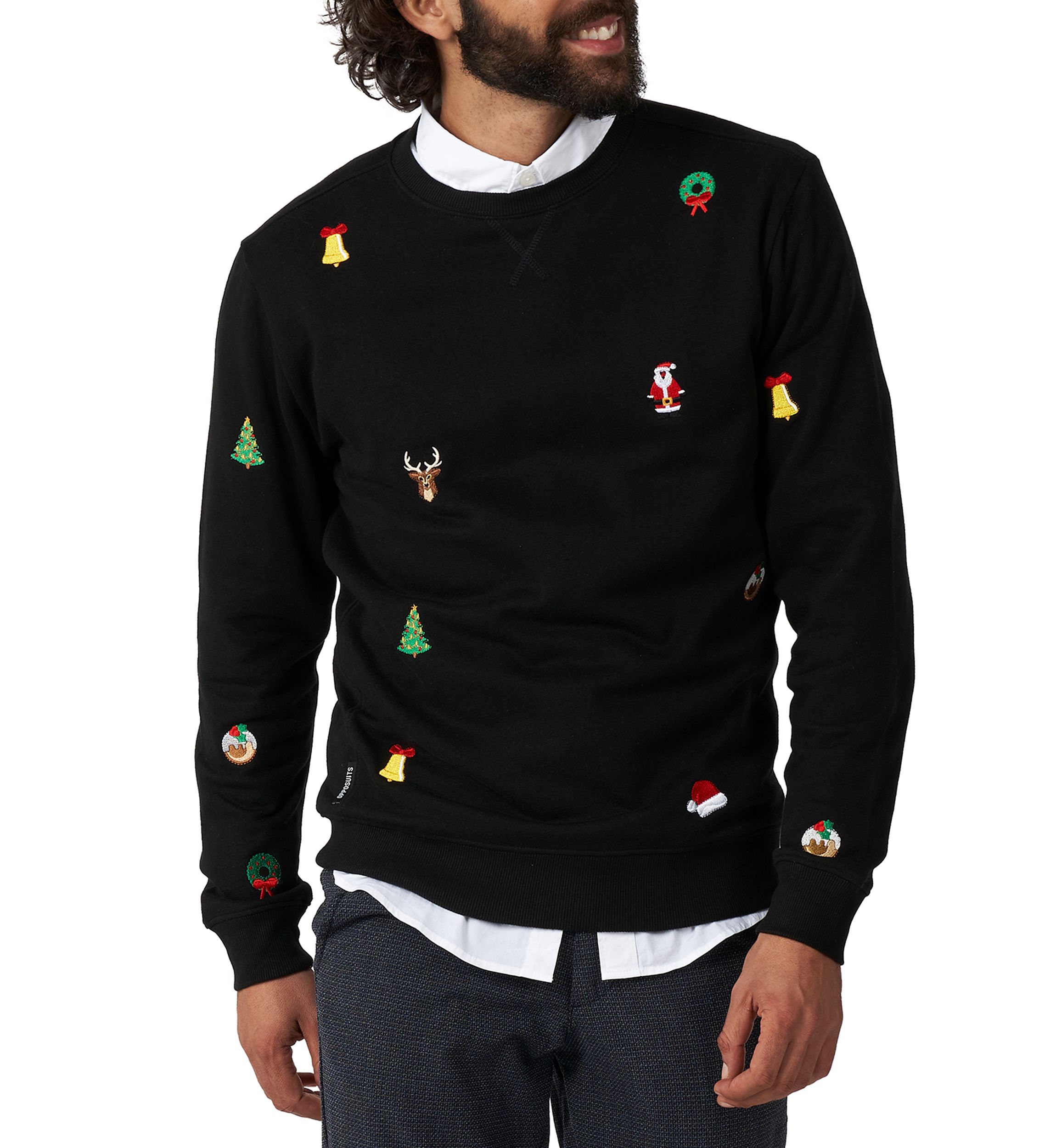 OppoSuits Deluxe Christmas Sweatshirt for Men - X- Mas Icons - Black - With Stylish Christmas Icons - Long Sleeve - Crew Neck