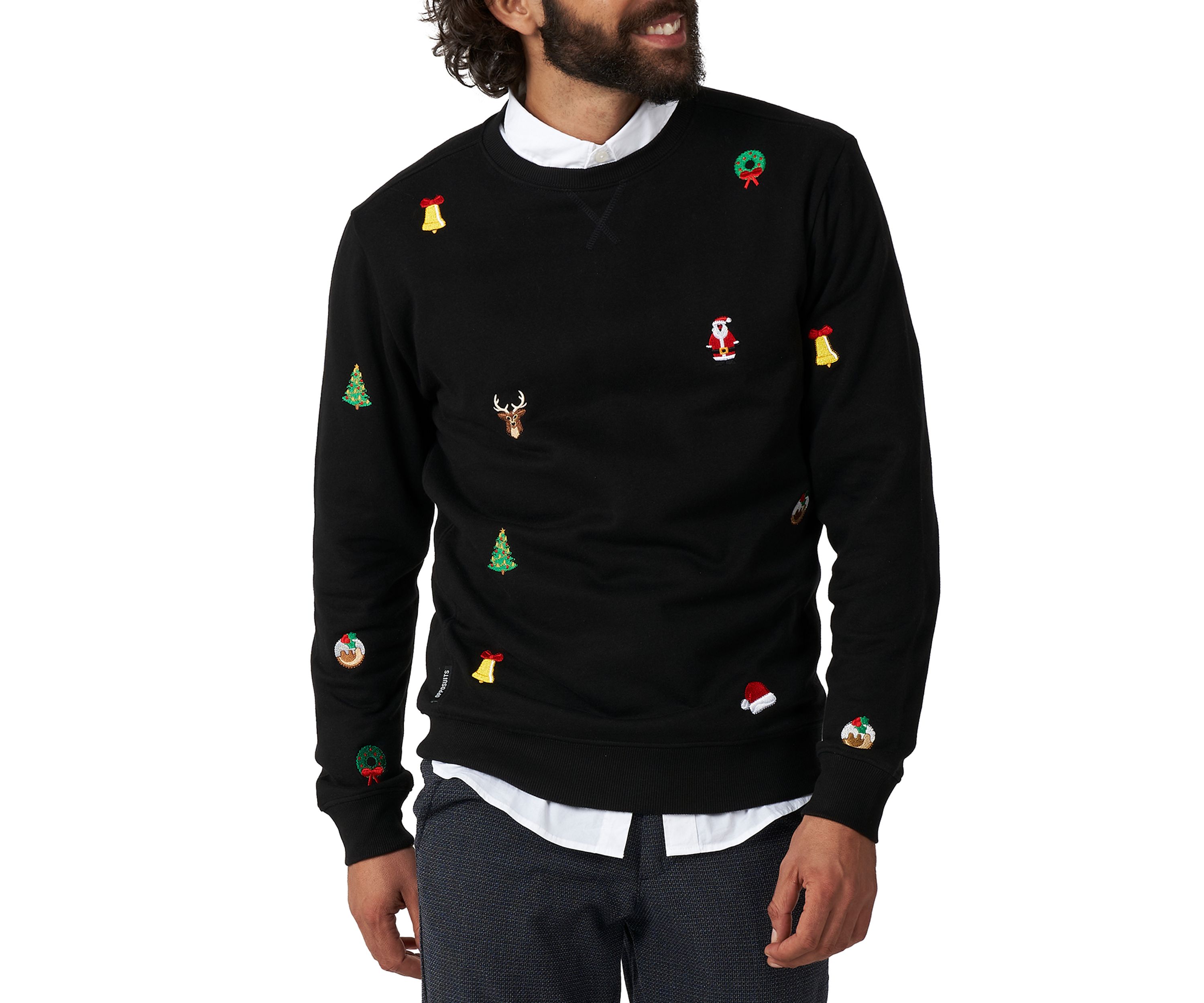 OppoSuits Deluxe Christmas Sweatshirt for Men - X- Mas Icons - Black - With Stylish Christmas Icons - Long Sleeve - Crew Neck