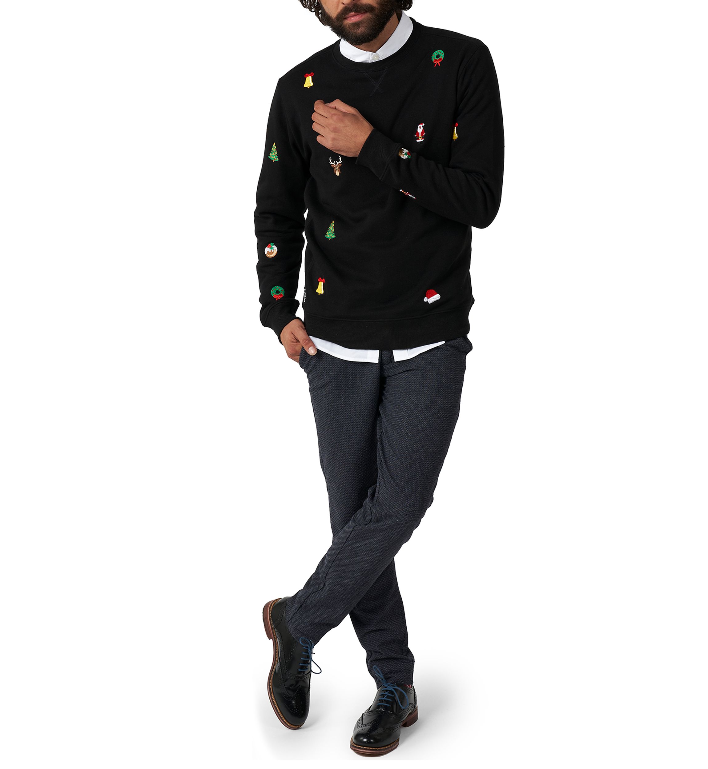 OppoSuits Deluxe Christmas Sweatshirt for Men - X- Mas Icons - Black - With Stylish Christmas Icons - Long Sleeve - Crew Neck