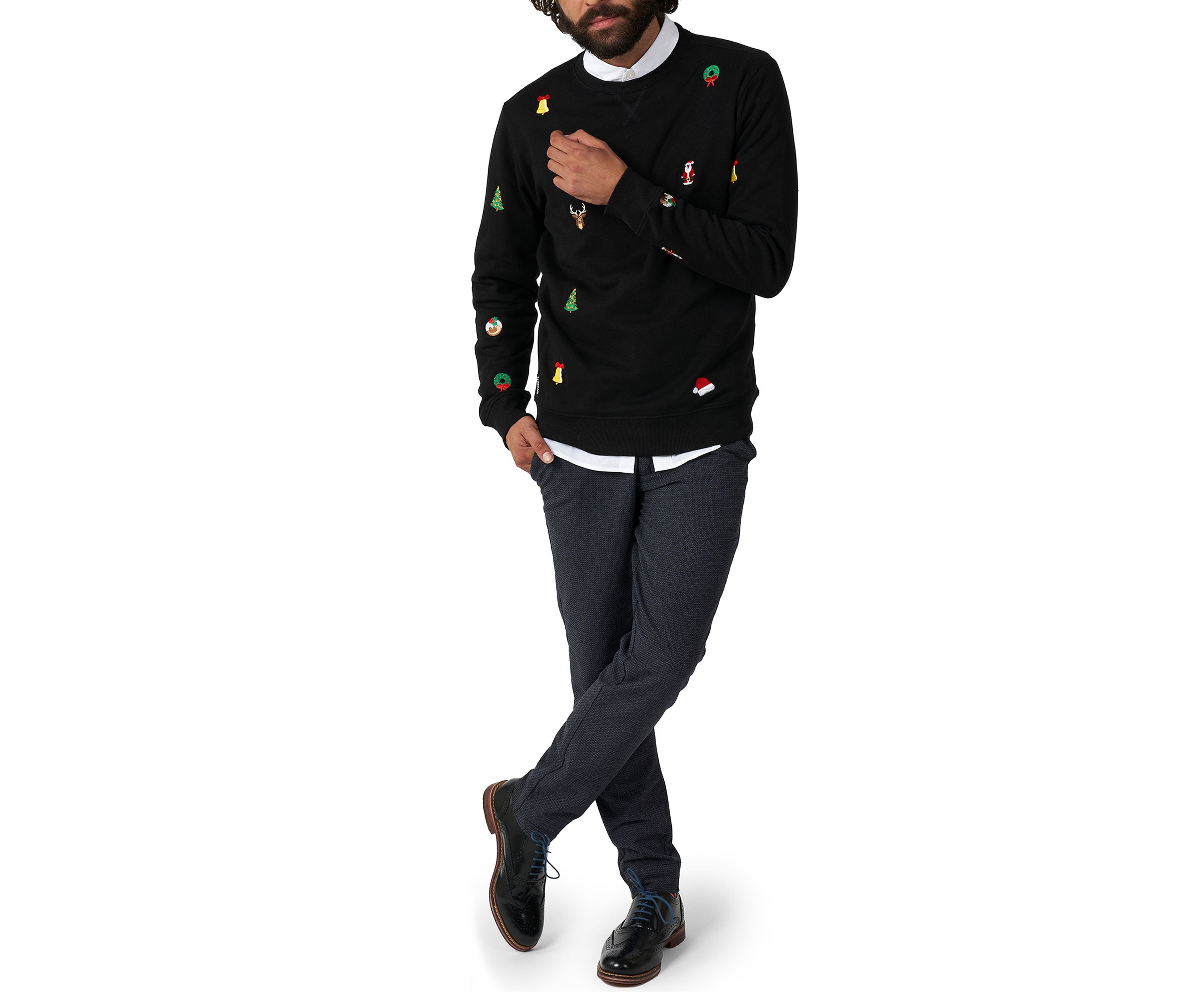 OppoSuits Deluxe Christmas Sweatshirt for Men - X- Mas Icons - Black - With Stylish Christmas Icons - Long Sleeve - Crew Neck