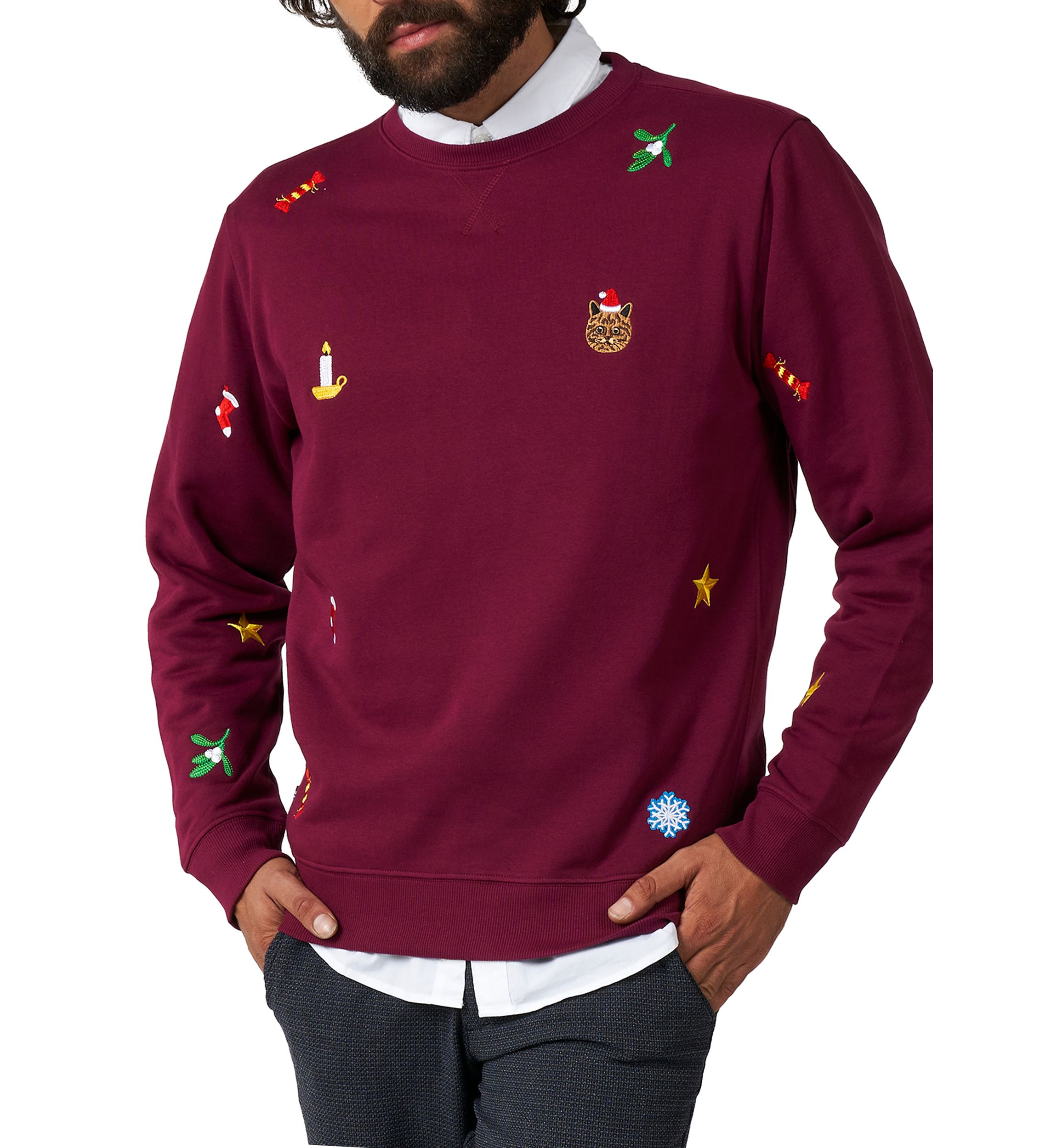 OppoSuits Deluxe Christmas Sweatshirt for Men - X- Mas Icons - Burgundy - With Stylish Christmas Icons - Long Sleeve - Crew Neck