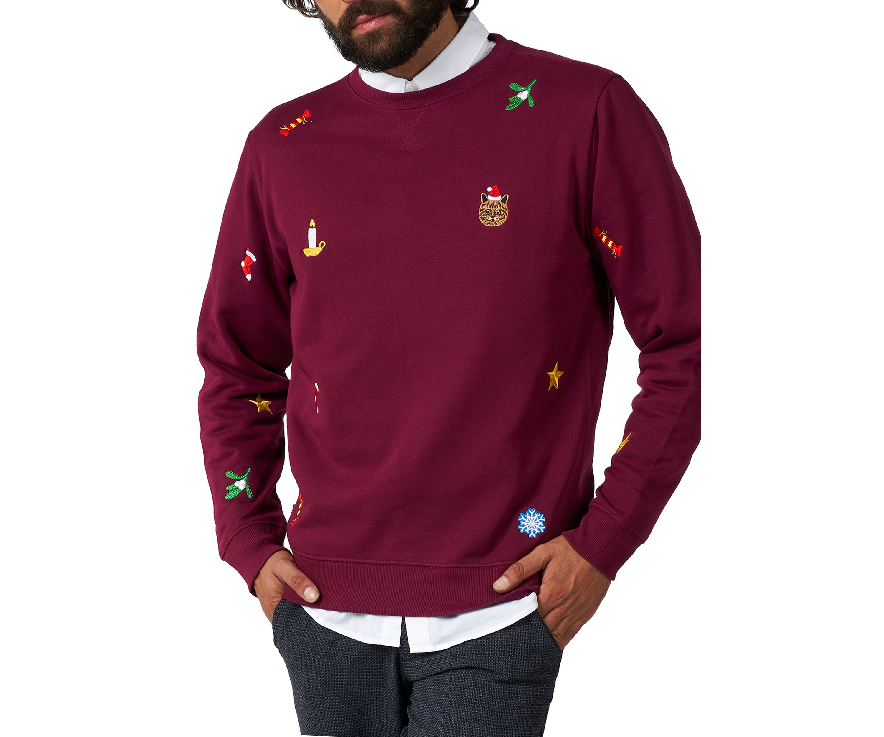 OppoSuits Deluxe Christmas Sweatshirt for Men - X- Mas Icons - Burgundy - With Stylish Christmas Icons - Long Sleeve - Crew Neck