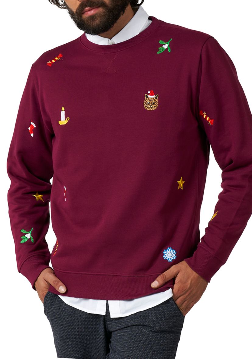 OppoSuits Deluxe Christmas Sweatshirt for Men - X- Mas Icons - Burgundy - With Stylish Christmas Icons - Long Sleeve - Crew Neck