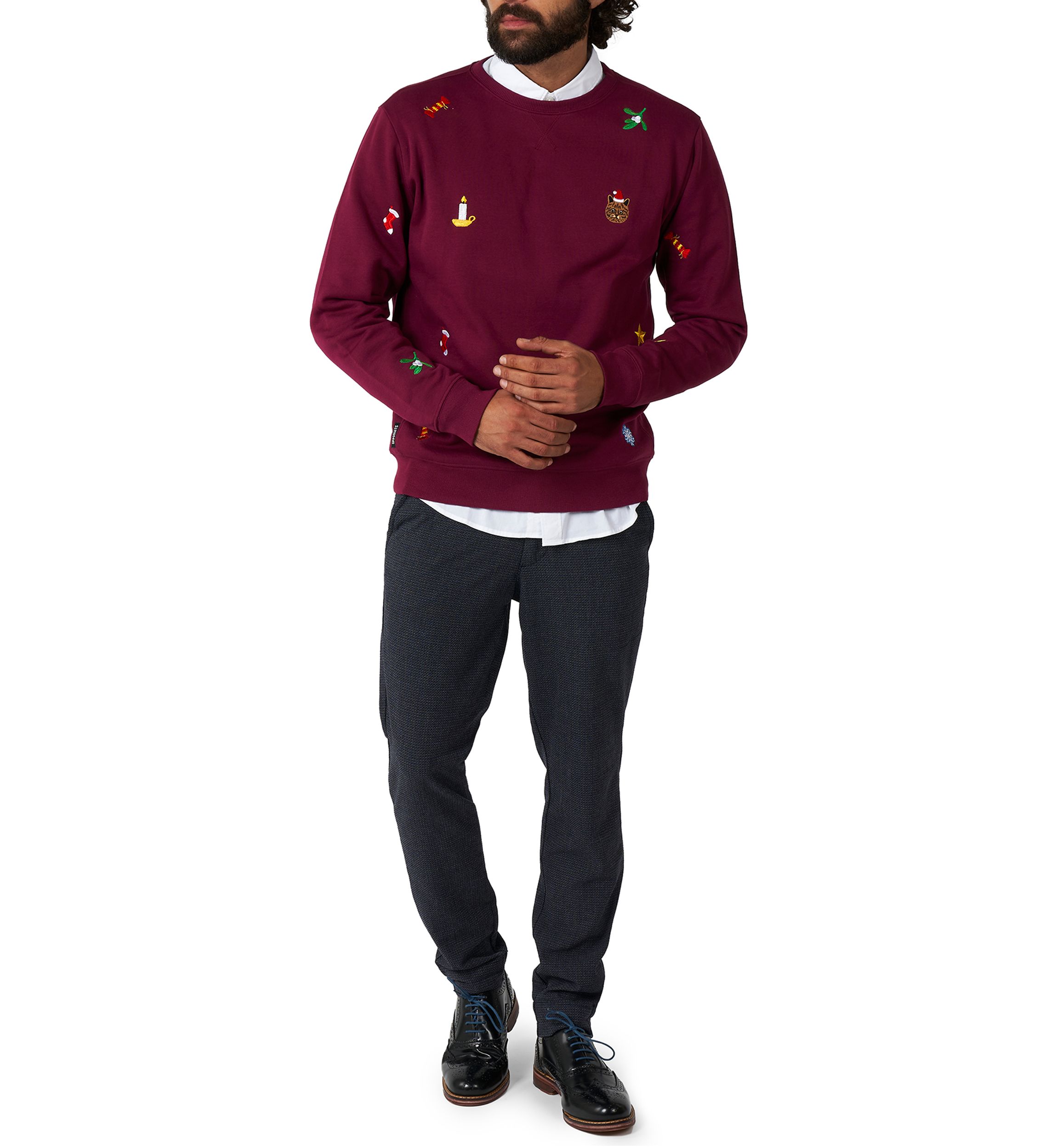 OppoSuits Deluxe Christmas Sweatshirt for Men - X- Mas Icons - Burgundy - With Stylish Christmas Icons - Long Sleeve - Crew Neck