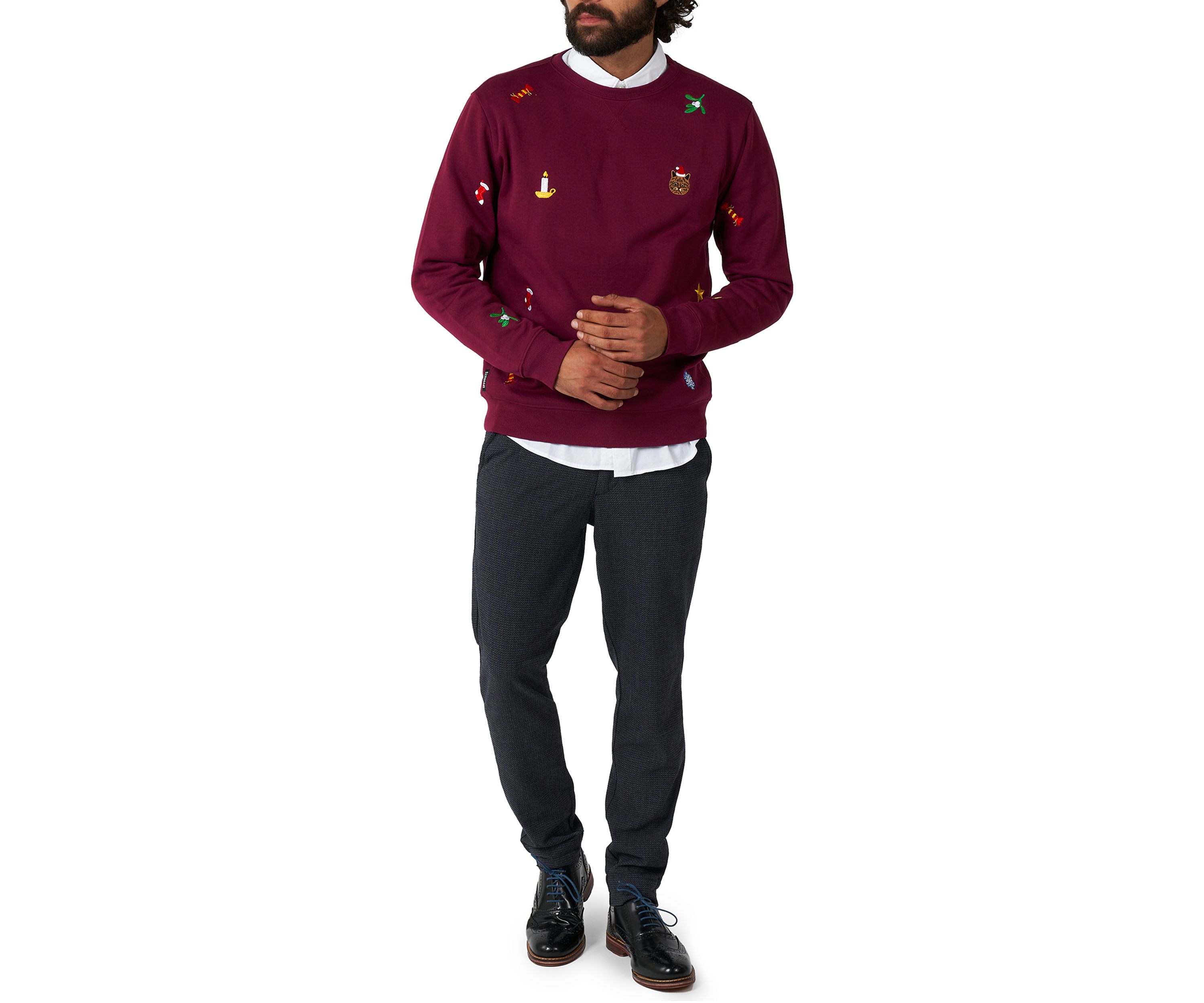 OppoSuits Deluxe Christmas Sweatshirt for Men - X- Mas Icons - Burgundy - With Stylish Christmas Icons - Long Sleeve - Crew Neck