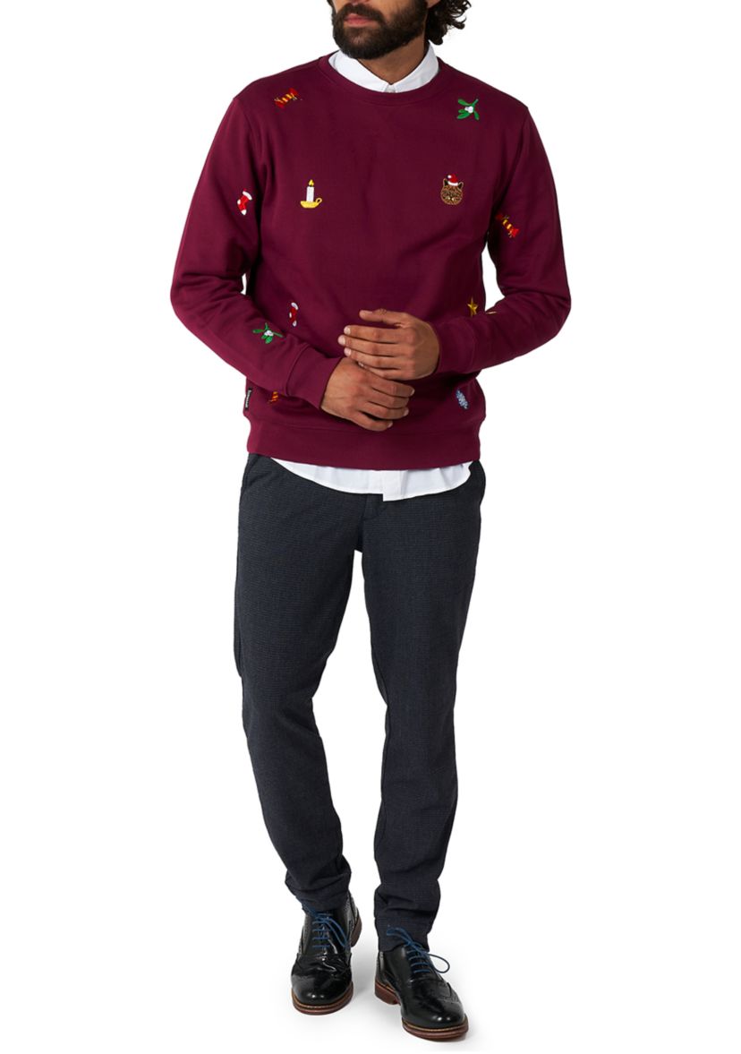 OppoSuits Deluxe Christmas Sweatshirt for Men - X- Mas Icons - Burgundy - With Stylish Christmas Icons - Long Sleeve - Crew Neck