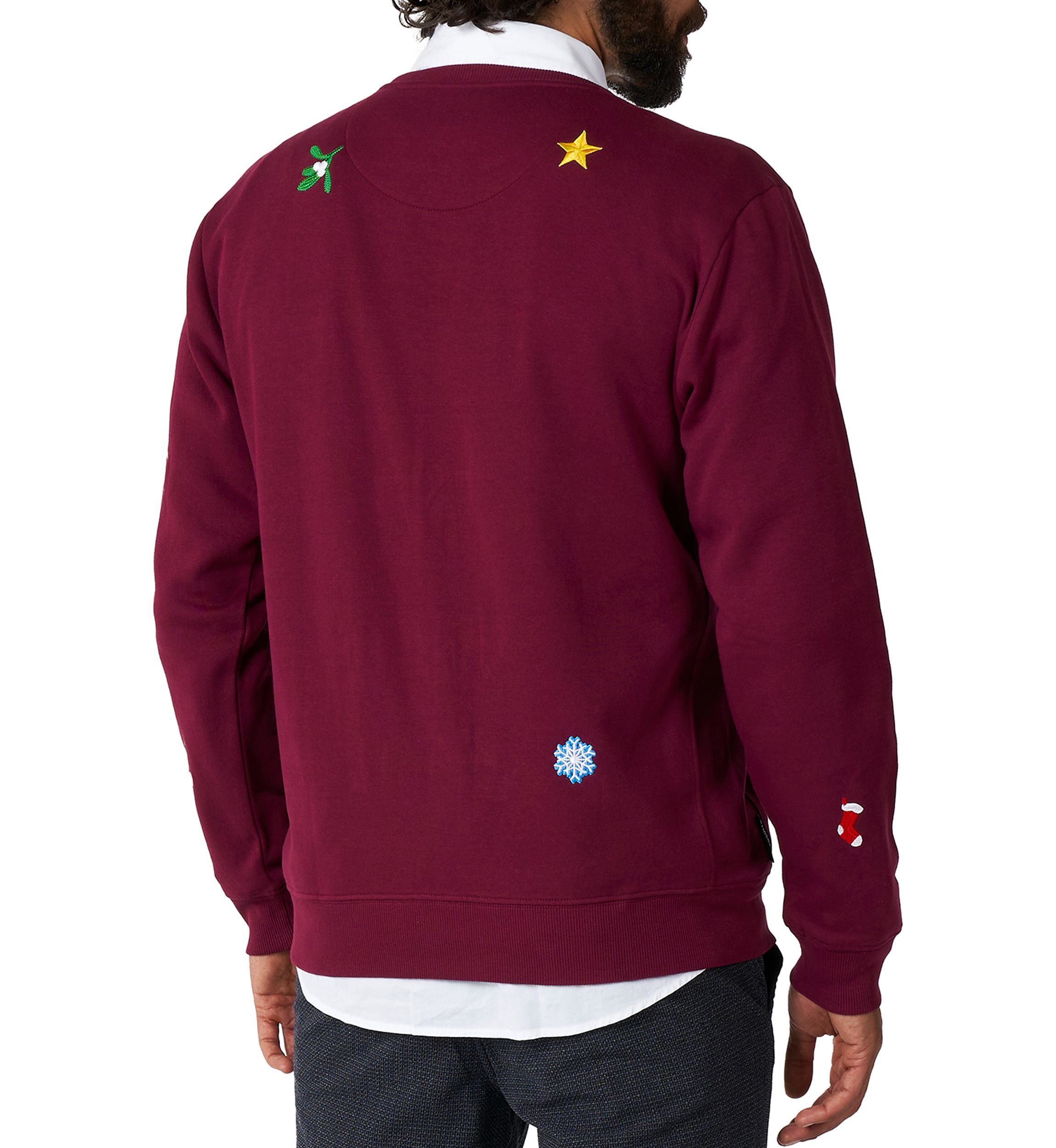 OppoSuits Deluxe Christmas Sweatshirt for Men - X- Mas Icons - Burgundy - With Stylish Christmas Icons - Long Sleeve - Crew Neck