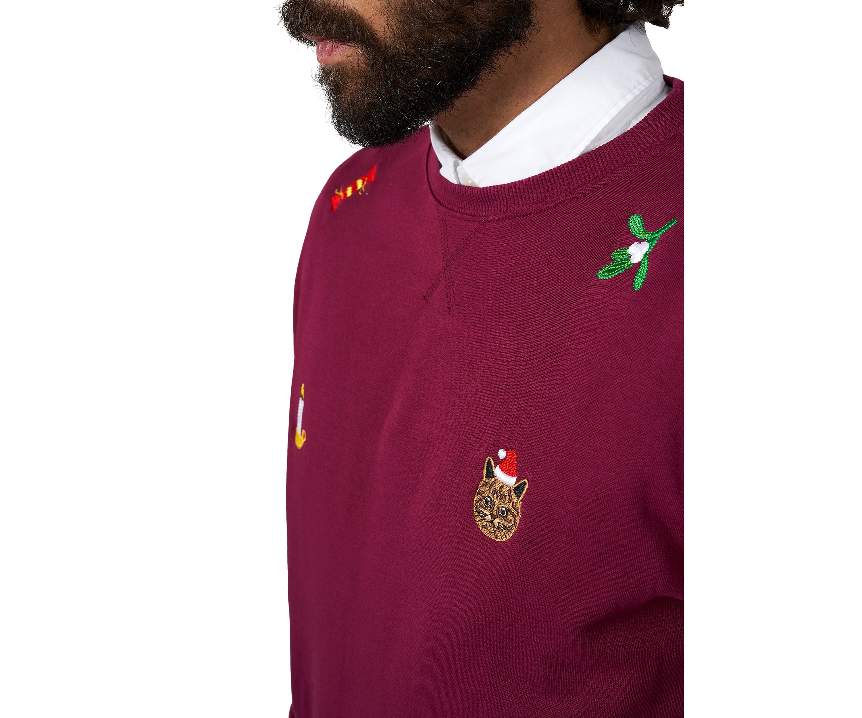 OppoSuits Deluxe Christmas Sweatshirt for Men - X- Mas Icons - Burgundy - With Stylish Christmas Icons - Long Sleeve - Crew Neck
