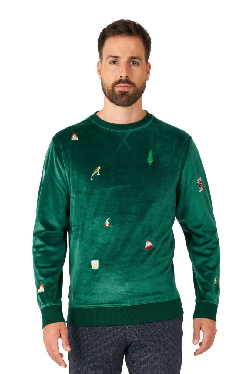 OppoSuits Deluxe - Mens Christmas Sweatshirt - Velvet Soft Pullover - Forest Green - X- Mas Outfit - Long Sleeve - Crew Neck