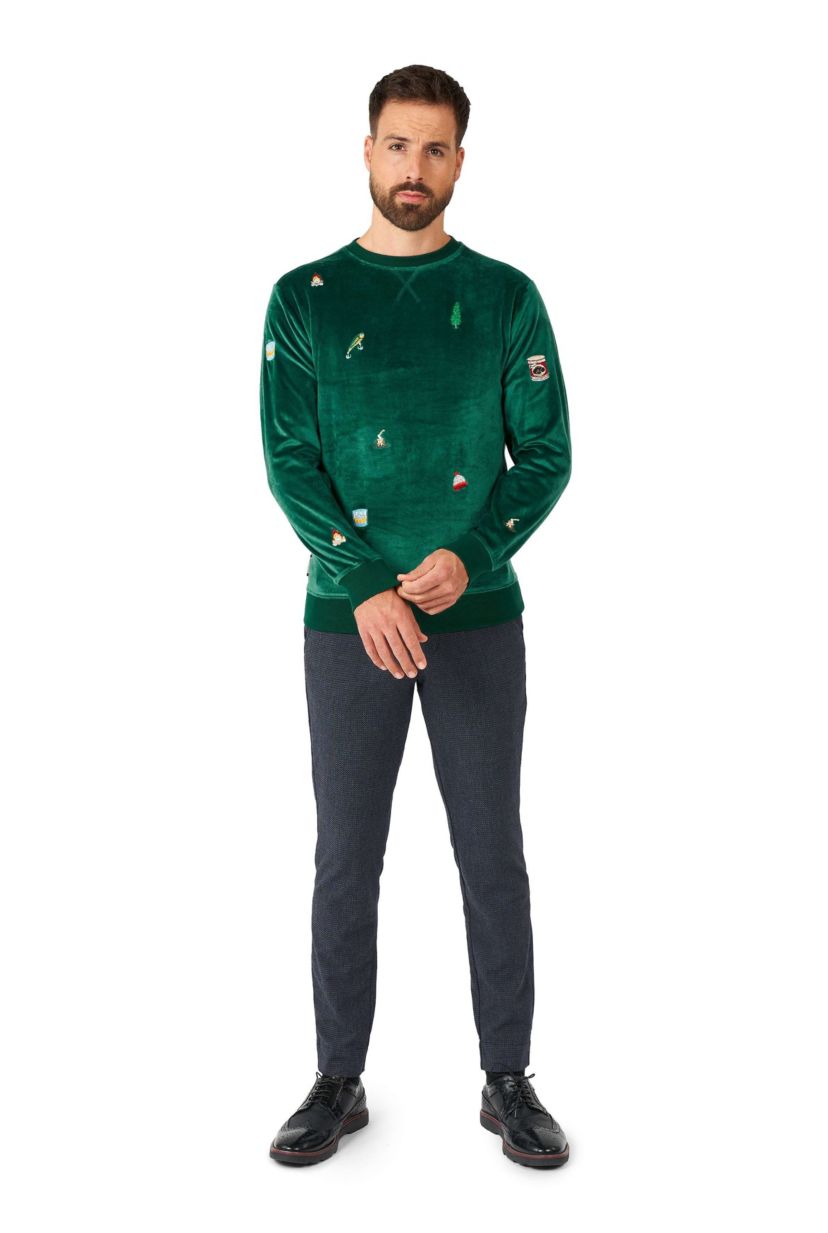 OppoSuits Deluxe - Mens Christmas Sweatshirt - Velvet Soft Pullover - Forest Green - X- Mas Outfit - Long Sleeve - Crew Neck