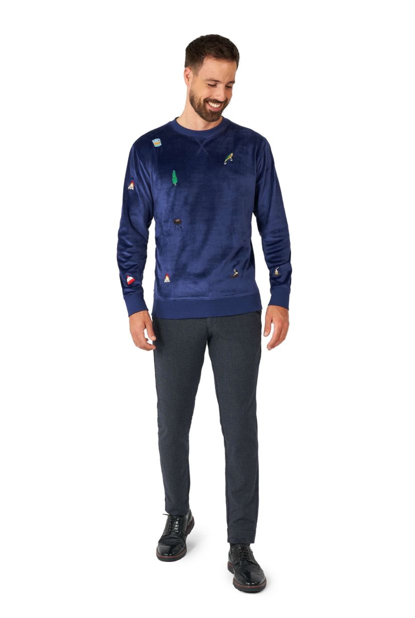 OppoSuits Deluxe - Mens Christmas Sweatshirt - Velvet Soft Pullover - Navy Blue - X- Mas Outfit - Long Sleeve - Crew Neck