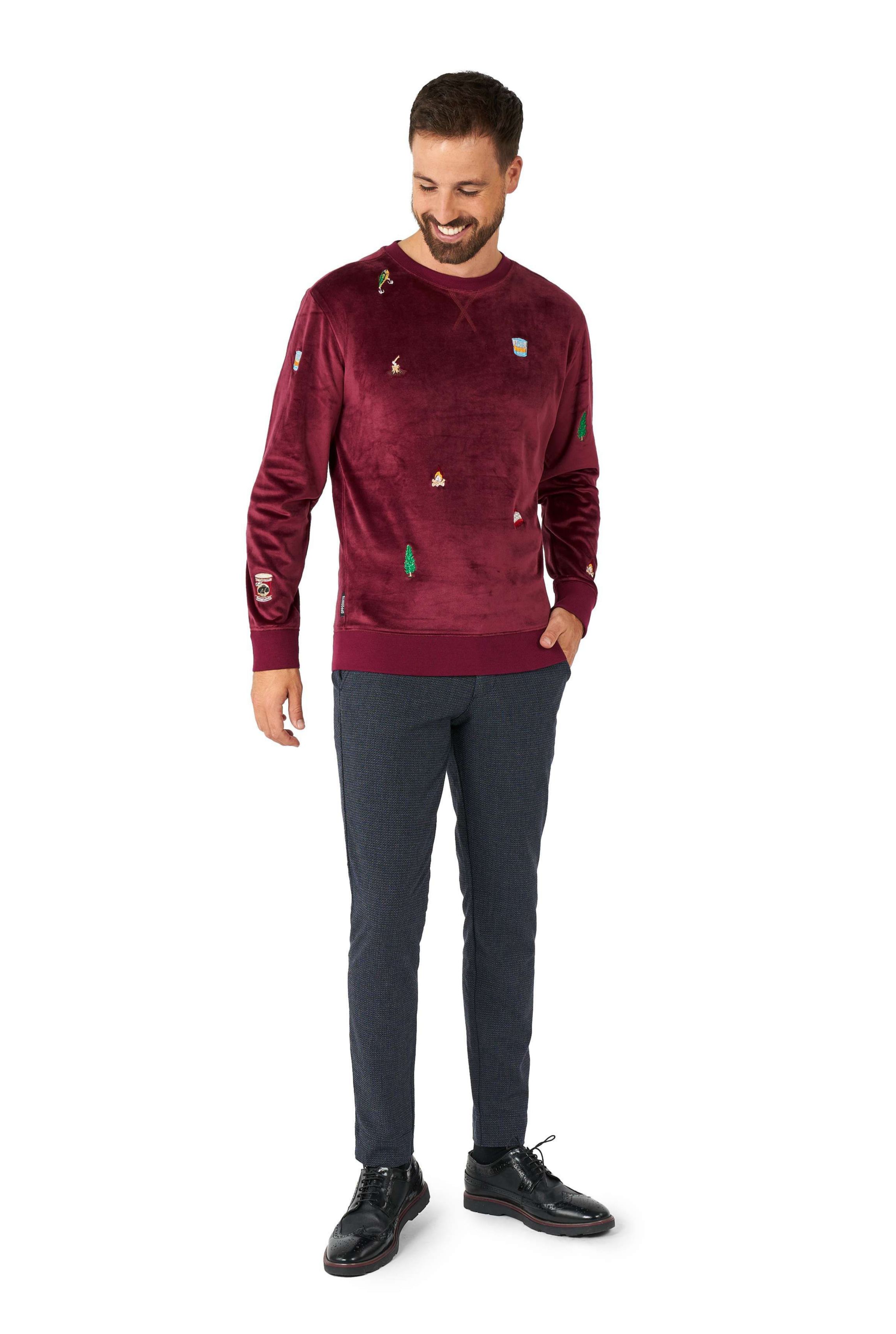 OppoSuits Deluxe - Mens Christmas Sweatshirt - Velvet Soft Pullover - Burgundy Red - X- Mas Outfit - Long Sleeve - Crew Neck