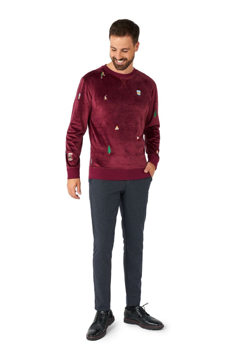 OppoSuits Deluxe - Mens Christmas Sweatshirt - Velvet Soft Pullover - Burgundy Red - X- Mas Outfit - Long Sleeve - Crew Neck