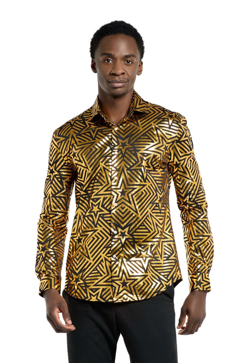 OppoSuits Mens Shirt - Long Sleeve Shirt - Golden Geo Star - Black
