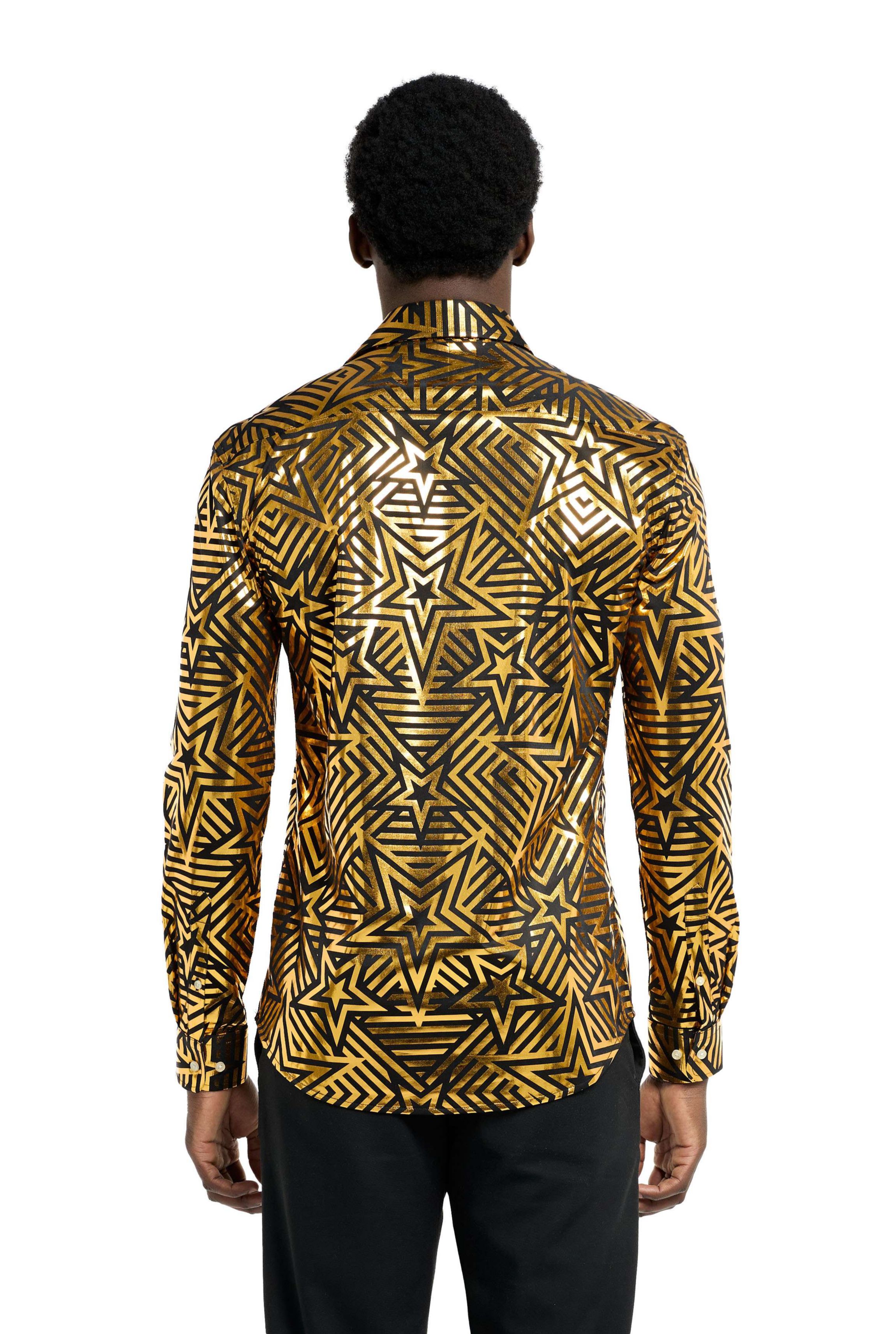 OppoSuits Mens Shirt - Long Sleeve Shirt - Golden Geo Star - Black
