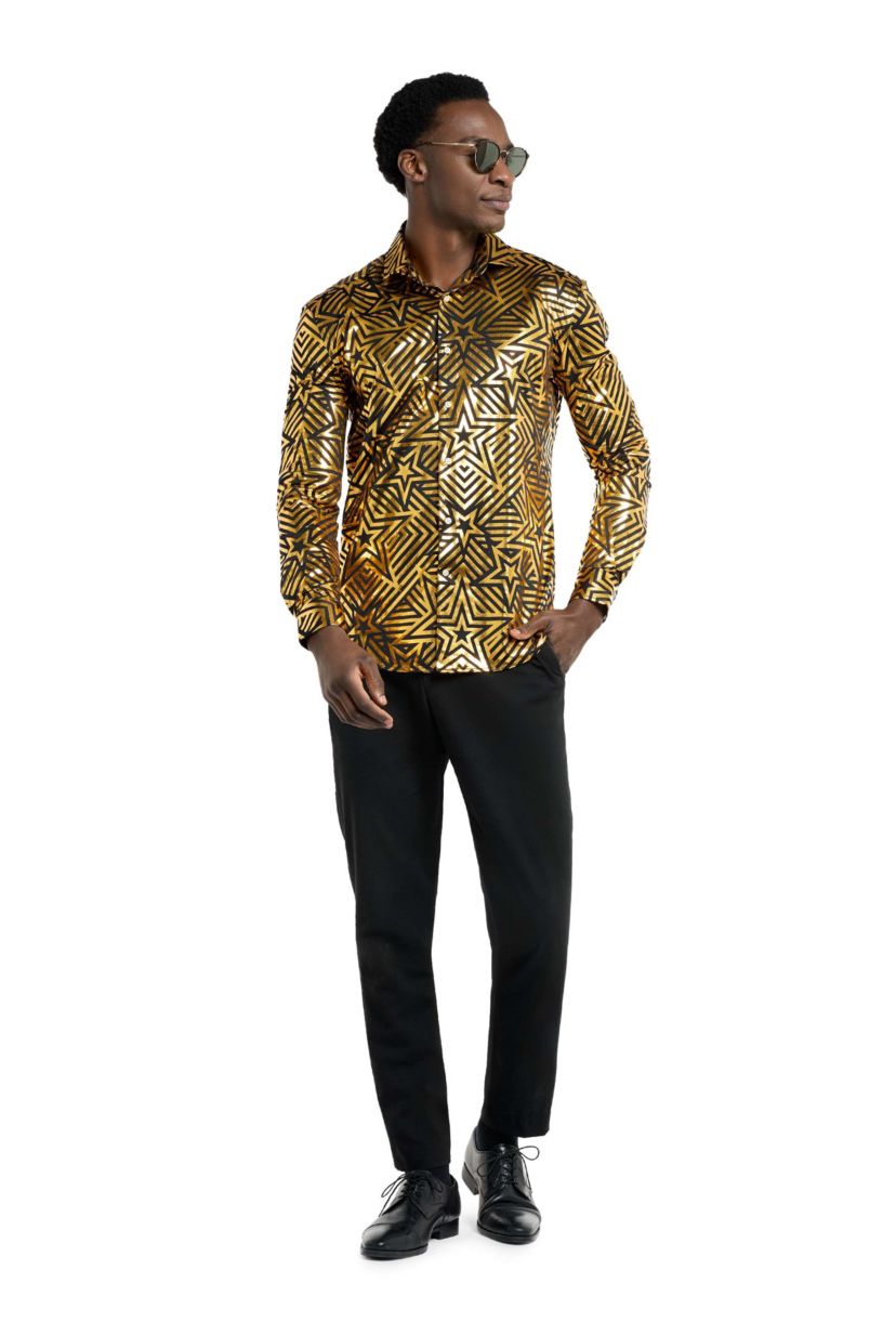 OppoSuits Mens Shirt - Long Sleeve Shirt - Golden Geo Star - Black